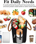 Insulated Lunch Bag For Work Travel And School Leakproof 10L Tote with assorted food items, phone, and coffee cup.