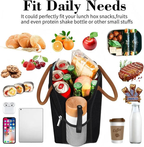 Insulated Lunch Bag For Work Travel And School Leakproof 10L Tote with assorted food items, phone, and coffee cup.