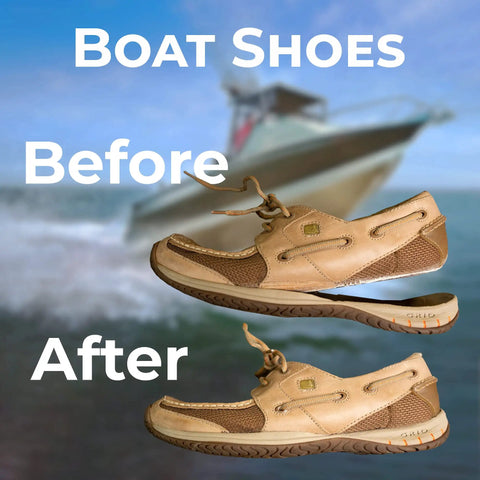 Tan boat shoes with visible wear before using Black Professional Grade Adhesive For Boots, Shoes, Sandals, Sneakers, And Handbags