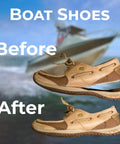 Tan boat shoes before and after repair using Black Shoe Glue Pro Grade Adhesive For Shoes, Boots, Sandals, Sneakers And Handbags And More