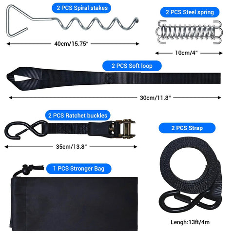 Heavy Duty RV Awning Tie Down Kit With Windproof Design showing spiral stakes, steel springs, and ratchet buckles