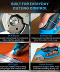 Bozuki Cordless Electric Scissors Rechargeable 4V Box Cutter with SK5 blade, safety lock, LED light, and hand guard for controlled cutting.
