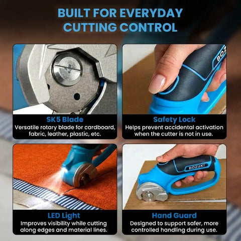Bozuki Cordless Electric Scissors Rechargeable 4V Box Cutter with SK5 blade, safety lock, LED light, and hand guard for controlled cutting.