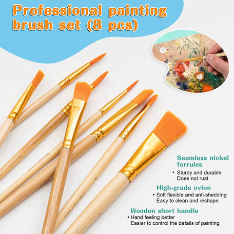 All In One Acrylic Painting Set With 24 Vibrant Paints 8 Brushes 5 Canvas Panels Wooden Stencils And Foldable Tabletop Easel Perfect For Kids Beginners Students And Artists Who Love Arts And Crafts, showcasing 8 professional painting brushes