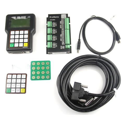 A11E CNC Controller DSP 3 Axis Motion Control System For CNC Router Engraver And Cutting Machine Pro Grade Performance With Plug And Play Handheld Controls 512MB Memory Compatible With TYPE3 ARTCAM Mastercam ProE UG Software displayed with accessories including handheld, circuit board, and cables