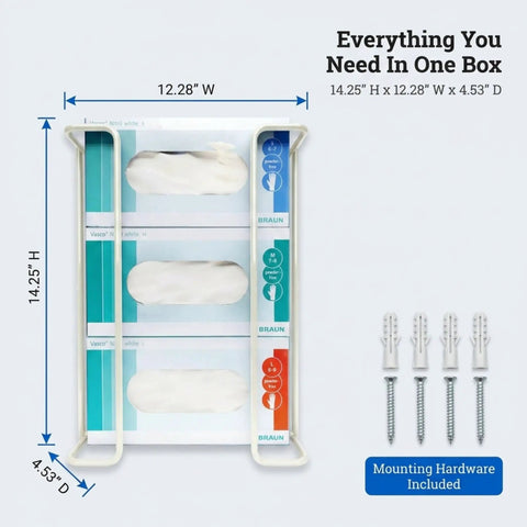 Hella Handy Wall Mount Glove And Tissue Wire Rack Dispenser holding three boxes with included mounting hardware