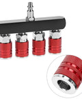 Four Way Straight Air Manifold With Five Ports And One Quarter NPT Inlets Aluminum Line Type Splitter With Four Couplers