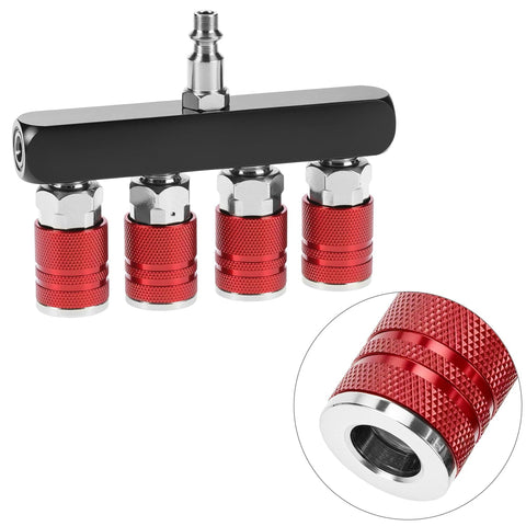 Four Way Straight Air Manifold With Five Ports And One Quarter NPT Inlets Aluminum Line Type Splitter With Four Couplers