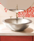 Top Shelf Straight Up Brushed Nickel Vessel Bathroom Sink Round Hammered Copper Basin With Premium Nickel Plating And Legit 16 Gauge Durability For Any Modern Home Setup on a countertop.