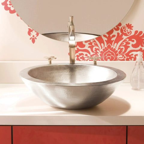 Top Shelf Straight Up Brushed Nickel Vessel Bathroom Sink Round Hammered Copper Basin With Premium Nickel Plating And Legit 16 Gauge Durability For Any Modern Home Setup on a countertop.