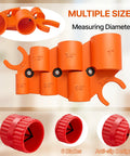 Pipe deburring tool kit front view with orange modular heads for 1/2-1 in sizes; includes six blades and anti-slip caps.