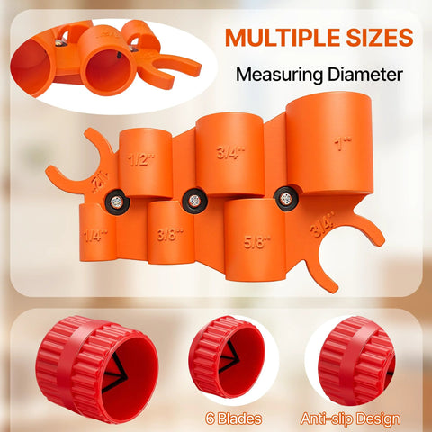 Pipe deburring tool kit front view with orange modular heads for 1/2-1 in sizes; includes six blades and anti-slip caps.