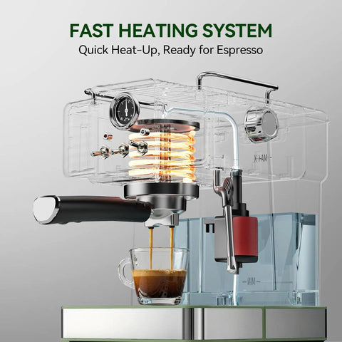 Top Notch Semi Automatic Espresso Maker With Built In Milk Steamer And 20 Bar Pressure showing fast heating system and espresso brewing.