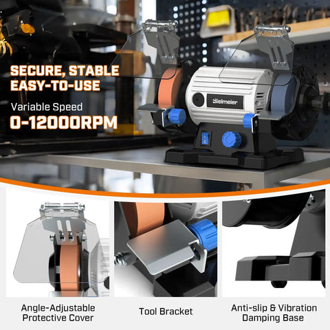 3 Inch Brushless Bench Grinder With Long Flexible Shaft And 110 Piece Accessory Set Knockout Buffer Polisher Kit showing variable speed controls and tool bracket.