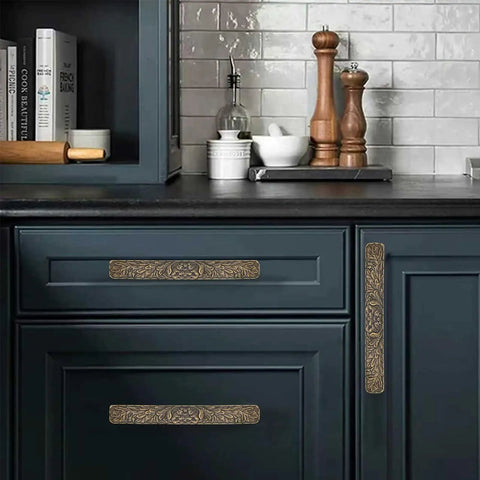Six Pack 3 Inch Antique Brass Zinc Alloy Cabinet Drawer Pulls For Sideboard Jewelry Box Kitchen And Bathroom Furniture Cabinet Hardware Handles With Vintage Bronze Finish And 3 Inch Screw Hole Center For Easy Upgrades installed on dark kitchen cabinets