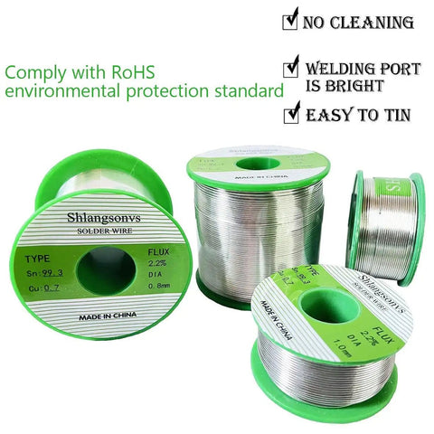 Lead Free Solder Wire With Tin Ninety Nine Point Three Percent And Copper Zero Point Seven Percent Rosin Core Flux For Fast Clean Electronics Soldering Twenty Gram Spool Eight Tenths Millimeter Gauge Thirty One Thou Inch showing product spools with green labels and RoHS compliance