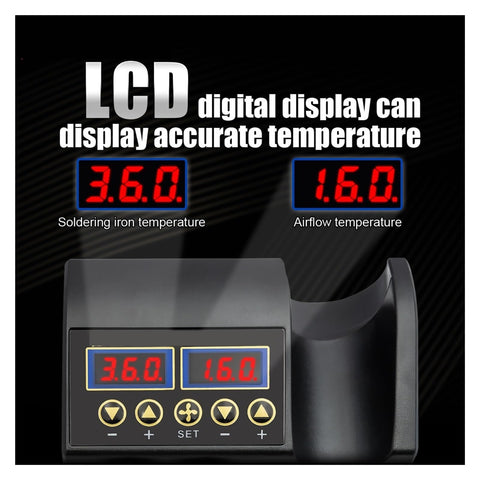 LCD dual digital displays on 750W Soldering Iron Station 2 In 1 Hot Air Rework Station showing temperature readings