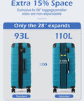 Coolife lake-blue hardside luggage set, two suitcases shown (standard 93L and extended 110L) with spinner wheels, front view.