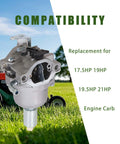 Carburetor Replacement Kit For 17.5HP To 21HP Lawn Mower And Tractor Engines with compatibility details and engine image.