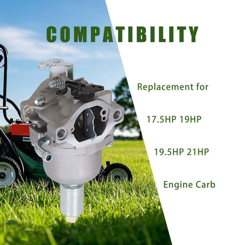 Carburetor Replacement Kit For 17.5HP To 21HP Lawn Mower And Tractor Engines with compatibility details and engine image.