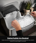 Kismile nugget ice maker, countertop, silver, with detachable ice basket holding ice cubes