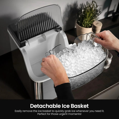 Kismile nugget ice maker, countertop, silver, with detachable ice basket holding ice cubes