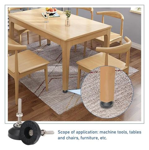 Badass Heavy Duty Adjustable Leveling Feet With Swivel Base And M12 Threads on furniture legs, providing stability and vibration absorption.