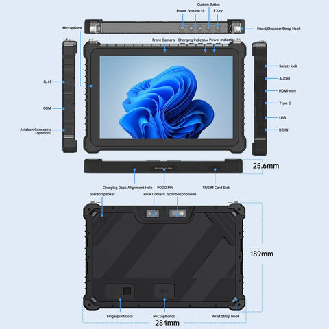 Built Like A Tank 10.1 Inch Rugged Tablet PC With Windows 11 Pro and Intel Core i5 detailed front and rear view showing ports and features.