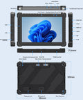 Diagram of Hardcore 10.1 Inch Rugged Tablet PC with IP67 Waterproof Shell and Windows 11 Pro detailing ports and features.