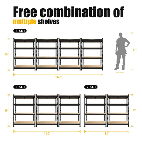 Garage Shelving Unit 40 Inch Wide 20 Inch Deep 59 Inch High 4 Tier Steel Storage Shelves Black shown in 2, 3, and 4 set layouts