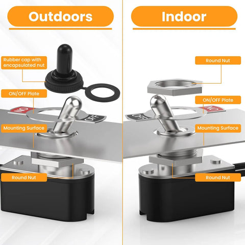 4 Pack Beefy Heavy Duty SPST Toggle Switch Kit With 5.1 Inch Cable, metal body latching switch, outdoor and indoor use shown