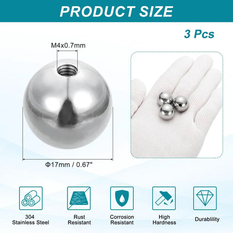 Badass 3 Pcs M4 X 17Mm Round Ball Nut Knobs Forged From 304 Stainless Steel displayed in hand with dimensions.