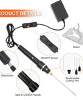 Three In One Pro Grade Foam Cutter Kit With Hot Wire Tools showing detachable precision pen, power cord, stand, and safety handle details.