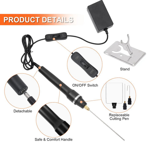 Three In One Pro Grade Foam Cutter Kit With Hot Wire Tools showing detachable precision pen, power cord, stand, and safety handle details.
