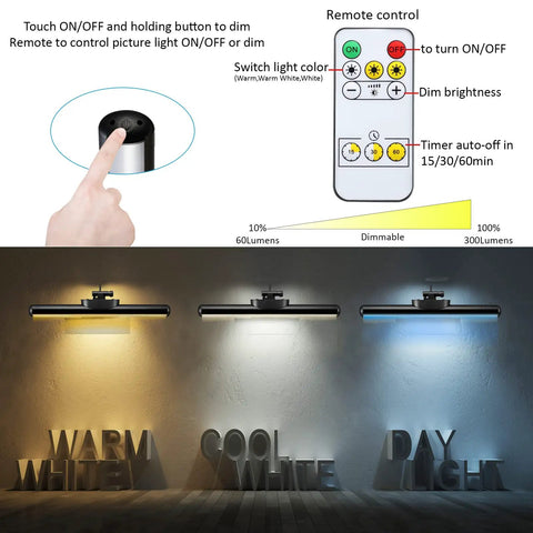 Wireless LED Picture Light With Remote And Rechargeable Battery showing dimming and color modes: warm, cool, daylight.