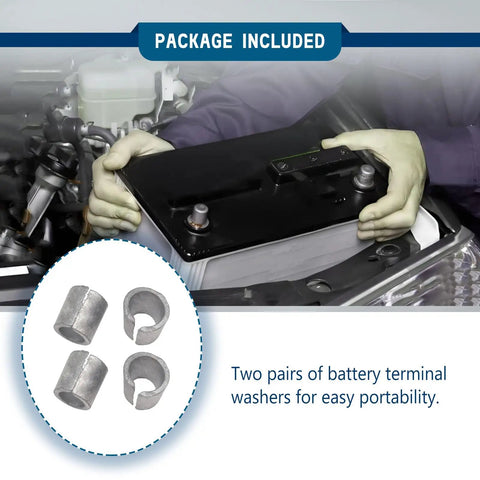 Universal Car Battery Terminal Shims 2 Pair Adapter Sleeves For Positive And Negative Posts Made From Heavy Duty Lead Alloy showing included washers.