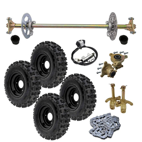 Upgraded 29 Inch Go Kart Rear Axle Kit with 4.10-6 Tires, 160mm Disc Rotor, 58T T8F Sprocket, 116L Chain, and 740mm Shaft