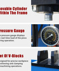 Pressure gauge and movable cylinder in the Rock Solid 150 Ton Electric Hydraulic Shop Press for precise metal bending.