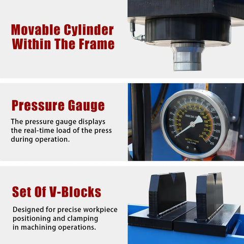 Pressure gauge and movable cylinder in the Rock Solid 150 Ton Electric Hydraulic Shop Press for precise metal bending.