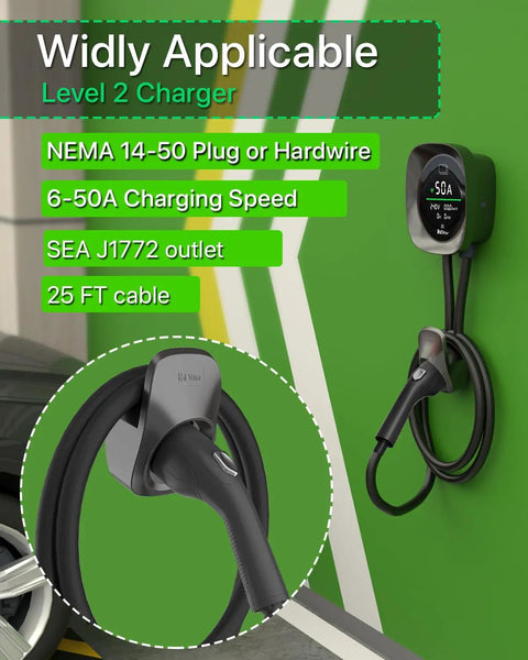 Top Notch Level 2 Electric Vehicle Charger 50 Amps with Smart Display and Adjustable Amperage for Lightning Fast Home Charging.