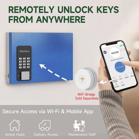 48 Key Lock Box Wall Mount Smart Key Cabinet With Bluetooth And Wi Fi Remote Access And One Time Code shown next to a smartphone app.