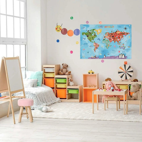 World Map Cartoon Animals Canvas Banner For Classrooms And Playrooms Kid Friendly Educational Wall Decor 30 By 20 Inch