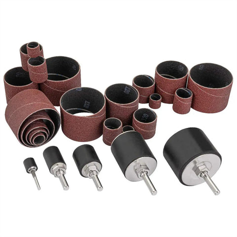 25 sanding bands, five arbor drums from Drill Press Sanding Drum Kit 25 Piece Set With 1/4 And 1/8 Inch Shanks Spindle Sander Sleeves