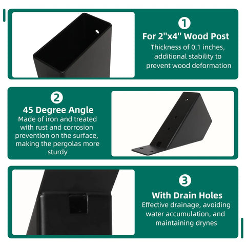 Eight Piece 45 Degree Pergola Bracket Set For 2x4 Lumber Heavy Duty Angle Supports With Drainage Holes showing design and use details
