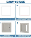 Instructions for installing Sturdy White Abs Plastic Drywall Access Panel Fits 7 By 7 Inch Openings With Double Sided Tape.