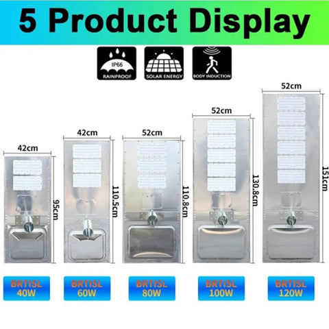 Heavy Duty Solar Streetlights For Patios And Driveways, IP66 Waterproof displayed in five sizes, showcasing various wattages from 40W to 120W.