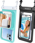 2 Pack IPX8 Waterproof Phone Pouches With Lanyards, Floating Dry Bags, teal and black, holding phone and accessories