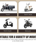 Four images showing a tricycle, electric vehicle, electric bicycle, and motorcycle for Super Chill Highway Riding Throttle Lock Cruise Control Clip.