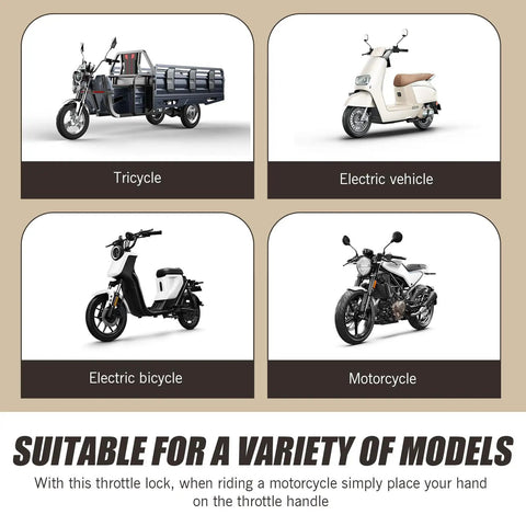 Four images showing a tricycle, electric vehicle, electric bicycle, and motorcycle for Super Chill Highway Riding Throttle Lock Cruise Control Clip.