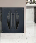 Slick Prehung Steel Double Front Doors Featuring Tinted Black Glass Sidelite Modern Right Inswing Entry System in stylish setting.